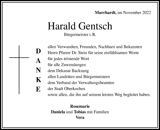Traueranzeige von Harald Gentsch von Schwäbische Post
