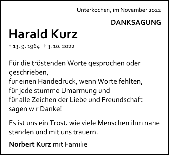 Traueranzeige von Harald Kurz von Schwäbische Post