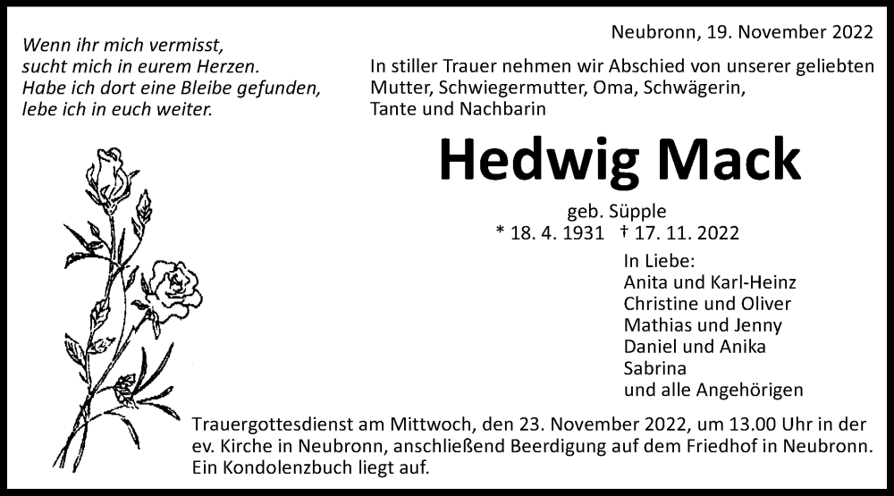  Traueranzeige für Hedwig Mack vom 19.11.2022 aus Schwäbische Post