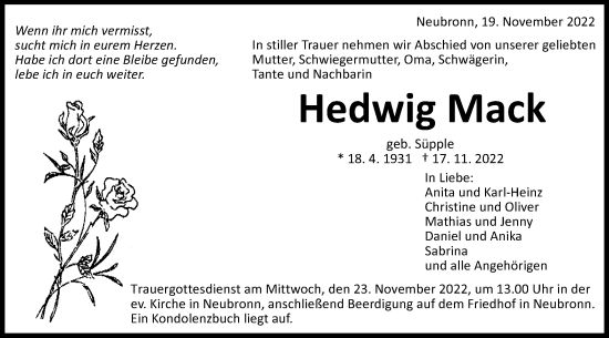 Traueranzeige von Hedwig Mack von Schwäbische Post