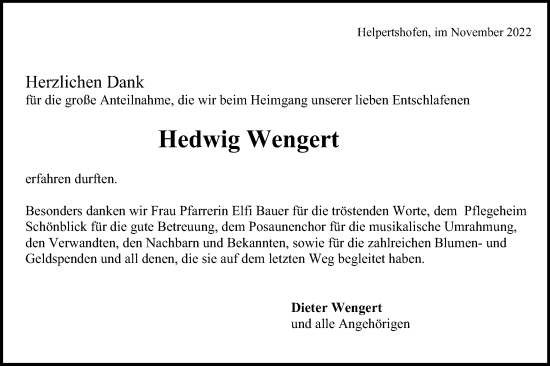 Traueranzeige von Hedwig Wengert von Gmünder Tagespost