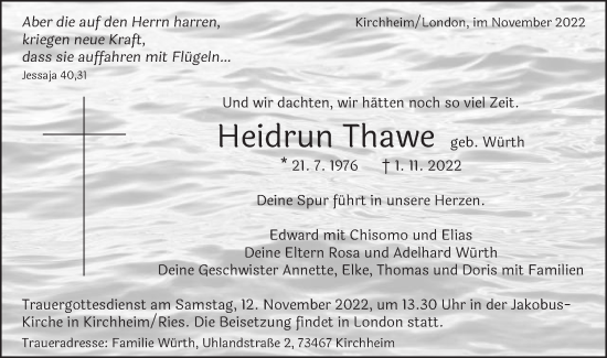 Traueranzeige von Heidrun Thawe von Schwäbische Post