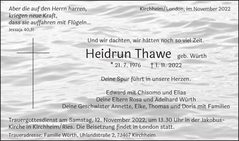  Traueranzeige für Heidrun Thawe vom 10.11.2022 aus Schwäbische Post