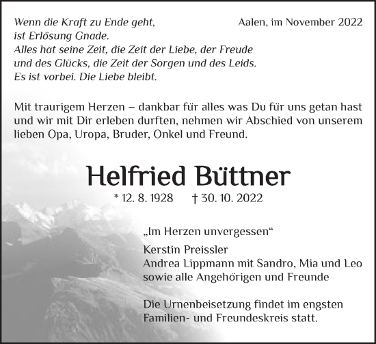 Traueranzeige von Helfried Büttner von Schwäbische Post