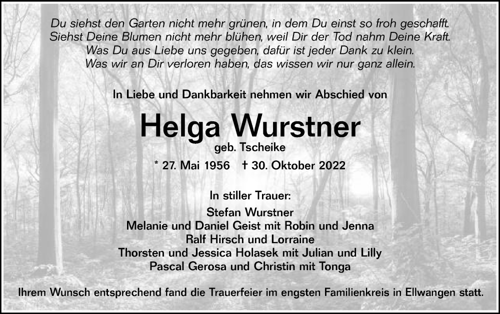  Traueranzeige für Helga Wurstner vom 12.11.2022 aus Schwäbische Post
