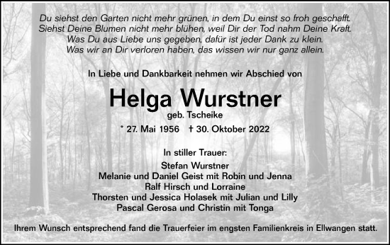 Traueranzeige von Helga Wurstner