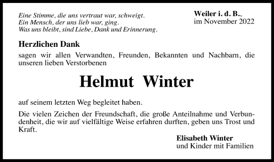 Traueranzeige von Helmut Winter von Gmünder Tagespost