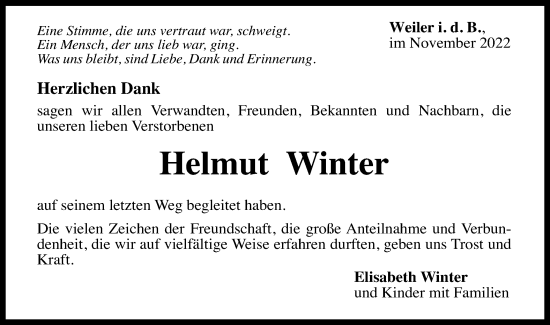 Traueranzeige von Helmut Winter