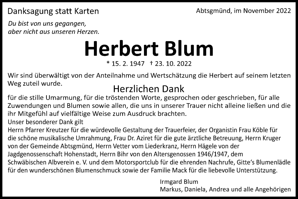  Traueranzeige für Herbert Blum vom 26.11.2022 aus Schwäbische Post