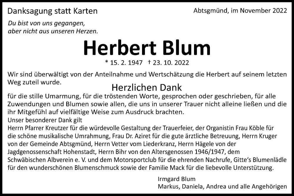  Traueranzeige für Herbert Blum vom 25.11.2022 aus Kocher-Lein-Bote