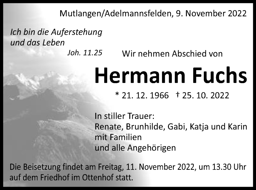  Traueranzeige für Hermann Fuchs vom 09.11.2022 aus Schwäbische Post