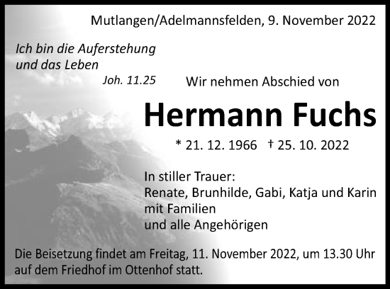Traueranzeige von Hermann Fuchs von Schwäbische Post