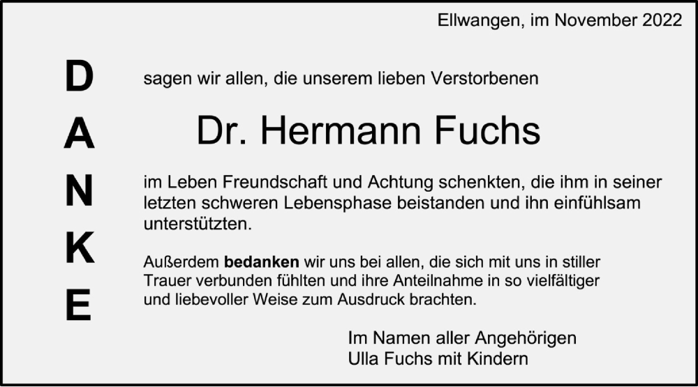  Traueranzeige für Hermann Fuchs vom 16.11.2022 aus Schwäbische Post