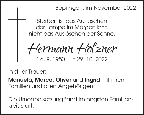 Traueranzeige von Hermann Holzner von Bopfinger Stadtanzeiger