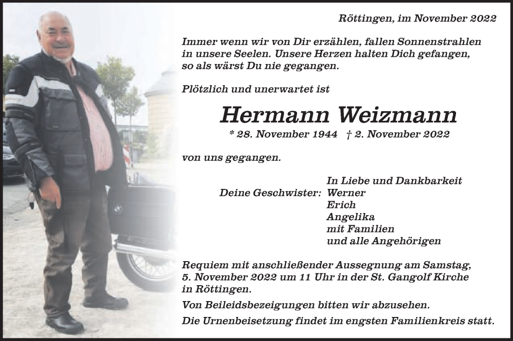  Traueranzeige für Hermann Weizmann vom 04.11.2022 aus Schwäbische Post