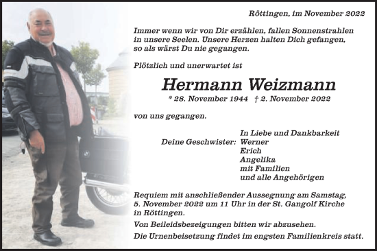 Traueranzeige von Hermann Weizmann von Schwäbische Post