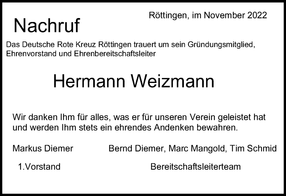  Traueranzeige für Hermann Weizmann vom 04.11.2022 aus Schwäbische Post