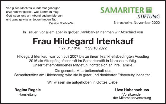 Traueranzeige von Hildegard Irtenkauf von Schwäbische Post