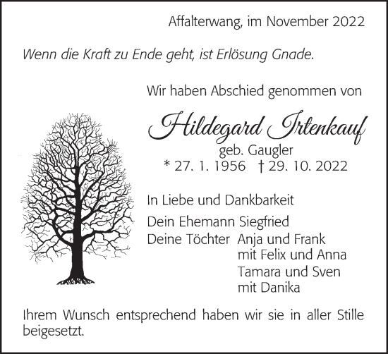 Traueranzeige von Hildegard Irtenkauf von Schwäbische Post