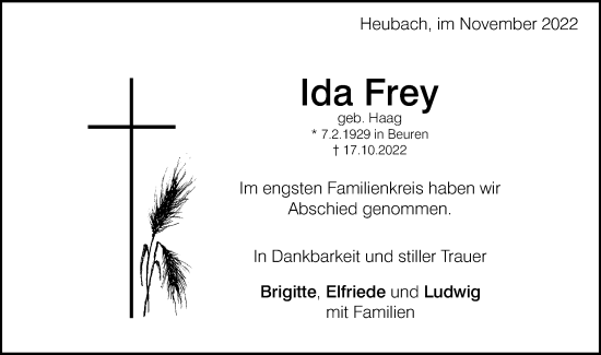 Traueranzeige von Ida Frey von Gmünder Tagespost