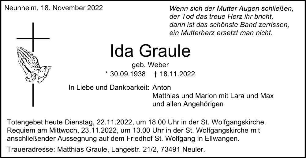  Traueranzeige für Ida Graule vom 22.11.2022 aus Schwäbische Post