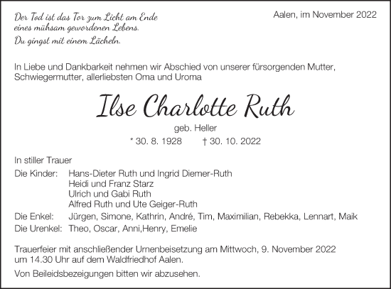 Traueranzeige von Ilse Charlotte Ruth von Schwäbische Post