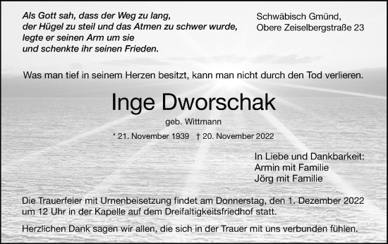 Traueranzeige von Inge Dworschak von Gmünder Tagespost