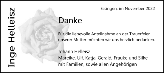 Traueranzeige von Inge Helleisz von Schwäbische Post