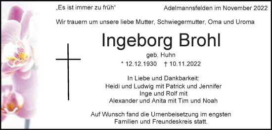 Traueranzeige von Ingeborg Brohl von Schwäbische Post