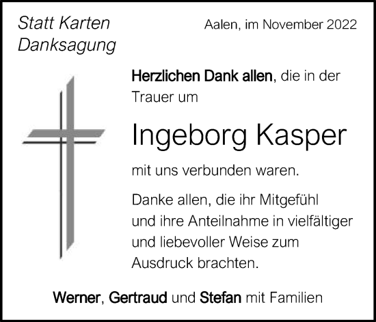 Traueranzeige von Ingeborg Kasper von Schwäbische Post