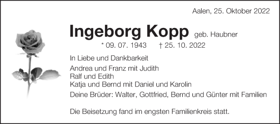 Traueranzeige von Ingeborg Kopp von Schwäbische Post