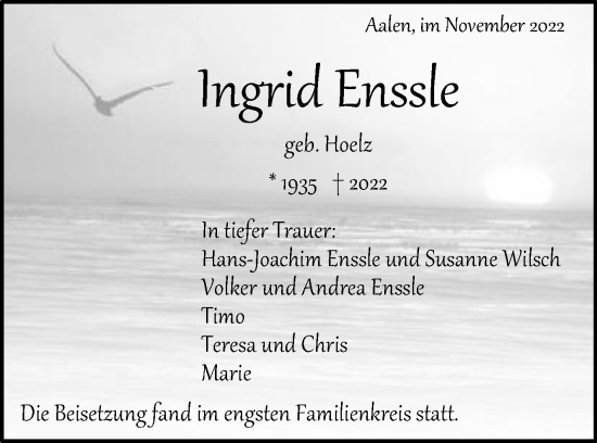 Traueranzeige von Ingrid Enssle von Schwäbische Post