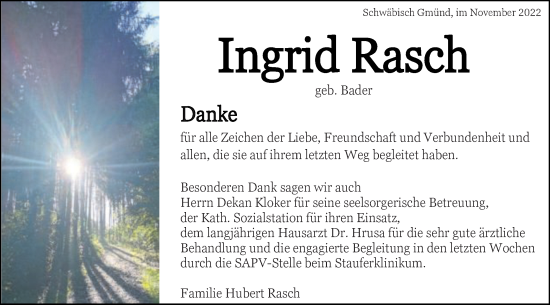 Traueranzeige von Ingrid Rasch von Gmünder Tagespost