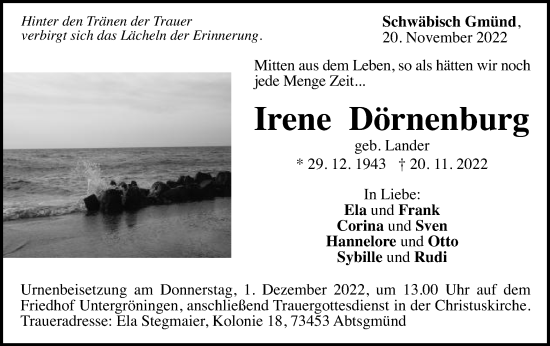 Traueranzeige von Irene Dörnenburg von Gmünder Tagespost