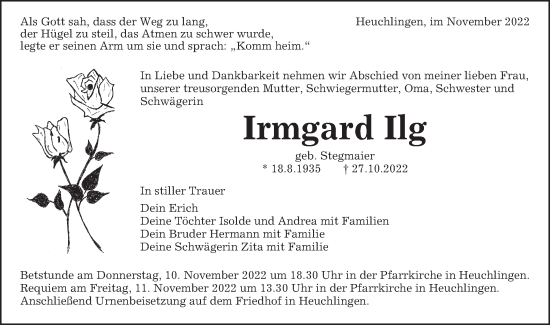 Traueranzeige von Irmgard Ilg von Gmünder Tagespost