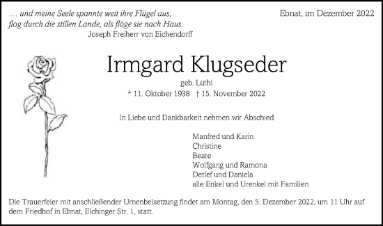 Traueranzeige von Irmgard Klugseder von Schwäbische Post