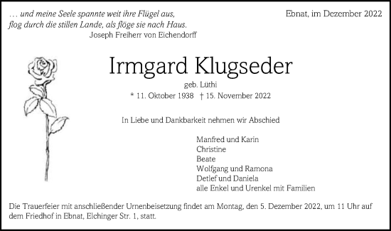 Traueranzeige von Irmgard Klugseder