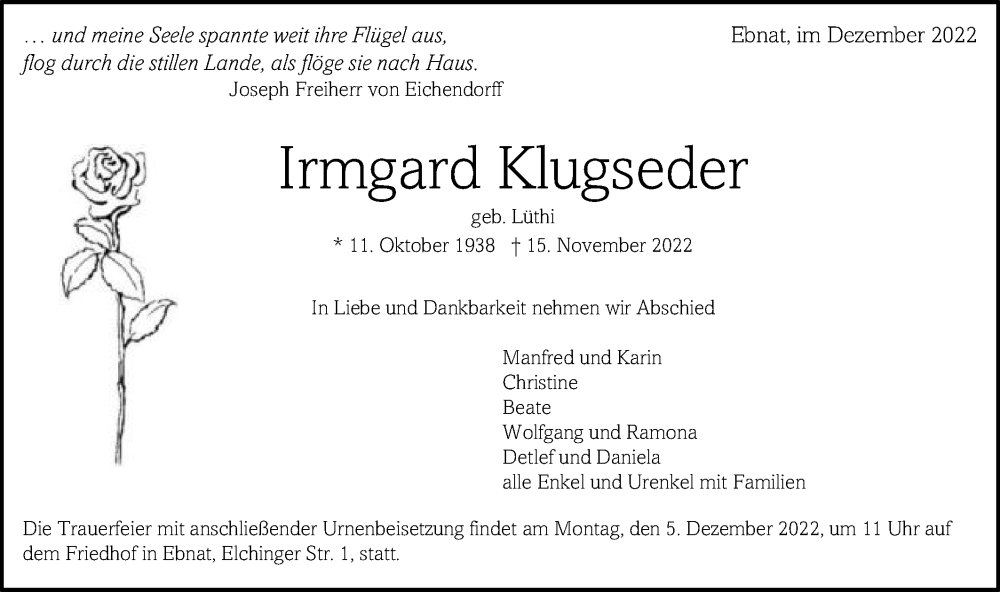 Traueranzeige für Irmgard Klugseder vom 30.11.2022 aus Schwäbische Post