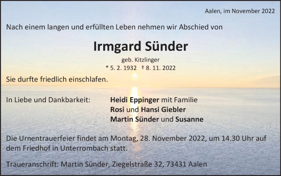 Traueranzeige von Irmgard Sünder von Schwäbische Post