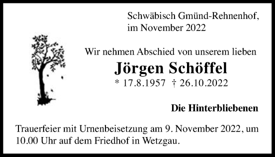 Traueranzeige von Jörgen Schöffel von Gmünder Tagespost