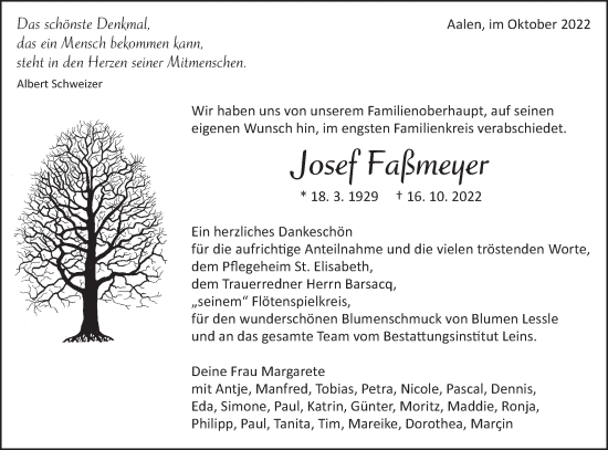 Traueranzeige von Josef Faßmeyer von Schwäbische Post
