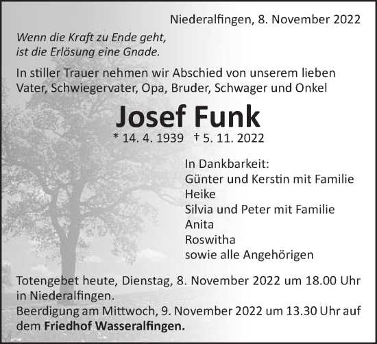 Traueranzeige von Josef Funk von Schwäbische Post
