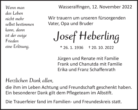 Traueranzeige von Josef Heberling von Schwäbische Post