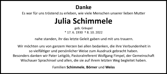 Traueranzeige von Julia Schimmele von Schwäbische Post