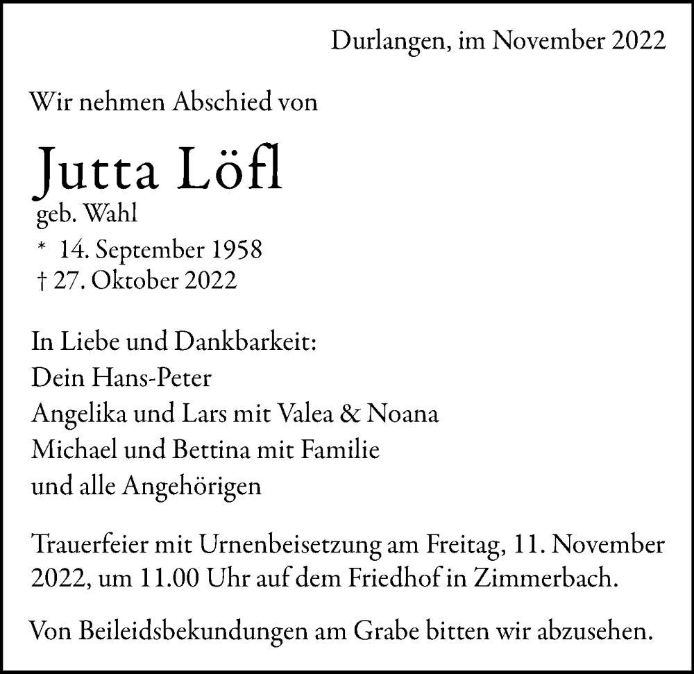  Traueranzeige für Jutta Löfl vom 08.11.2022 aus Gmünder Tagespost