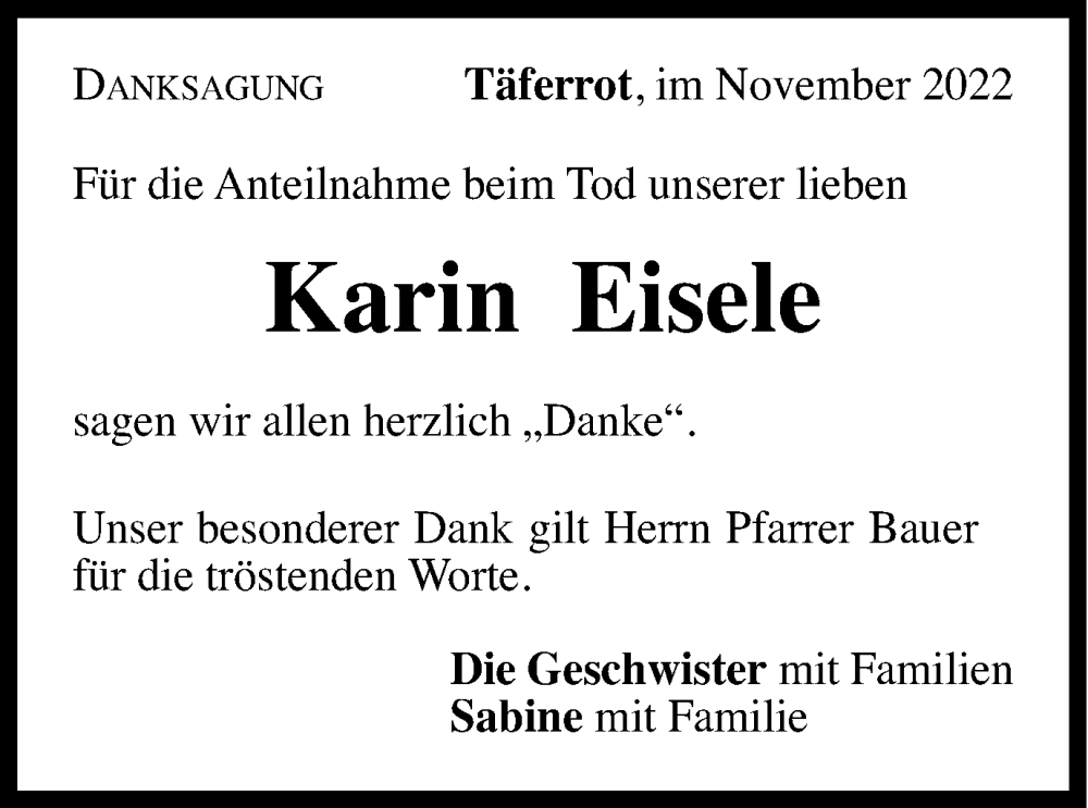  Traueranzeige für Karin Eisele vom 02.11.2022 aus Gmünder Tagespost