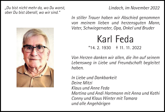 Traueranzeige von Karl Feda von Gmünder Tagespost