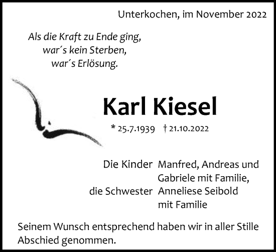 Traueranzeige von Karl Kiesel von Schwäbische Post