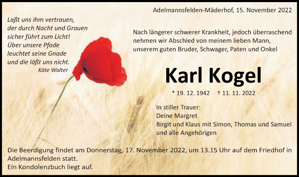  Traueranzeige für Karl Kogel vom 15.11.2022 aus Schwäbische Post
