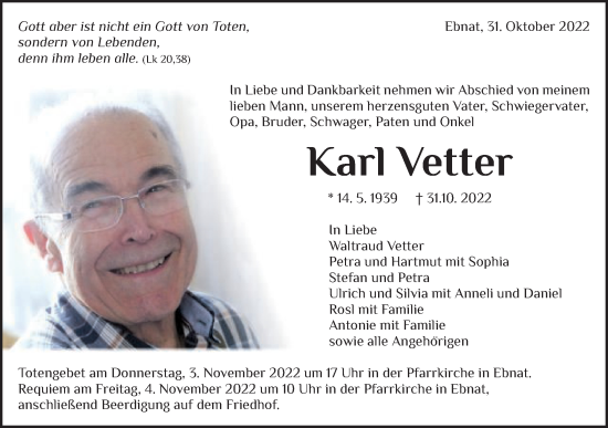 Traueranzeige von Karl Vetter von Schwäbische Post